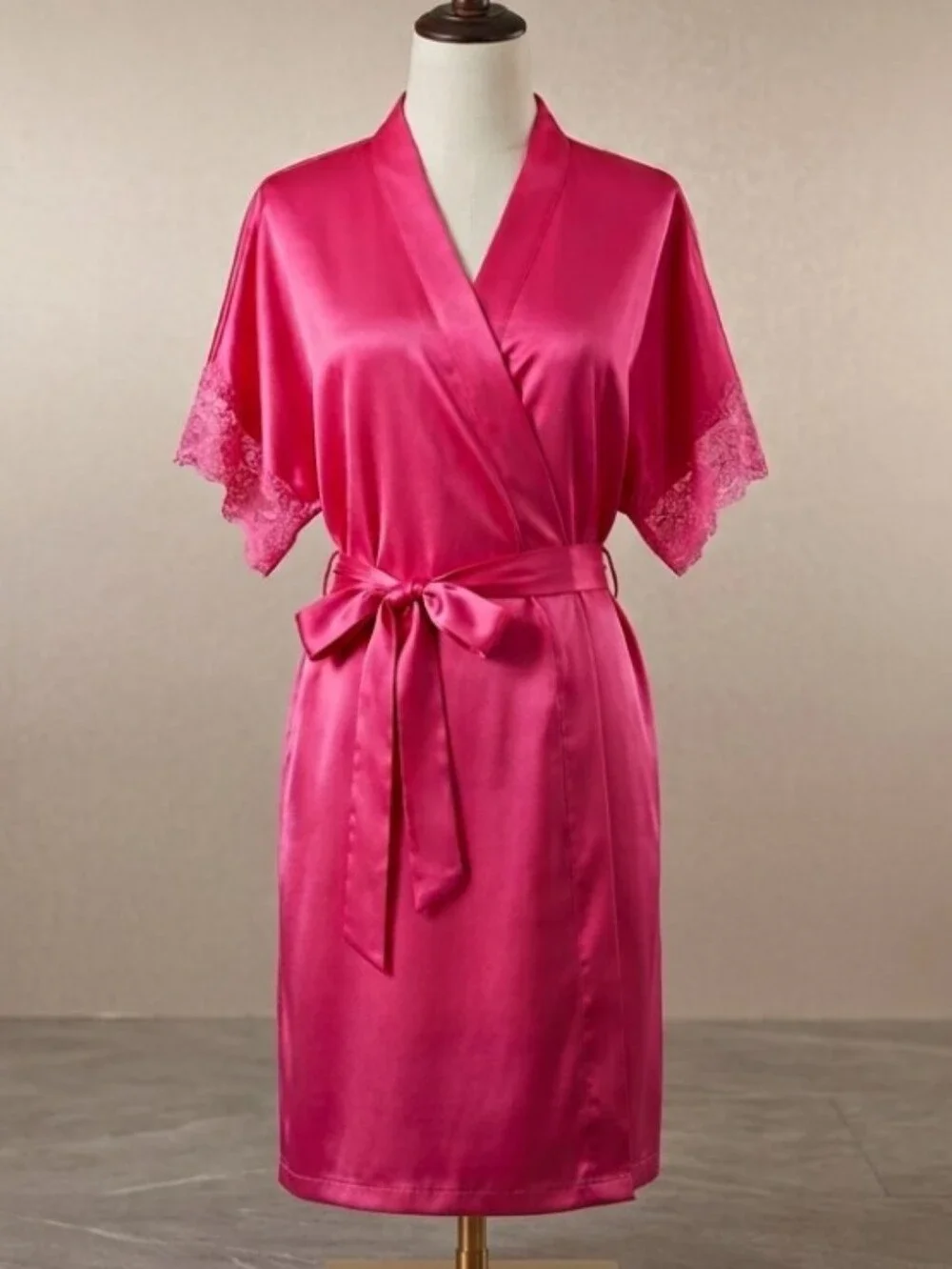 Morgan Taylor silky  Satin Lace-Trim  Neon Pink Belted  Robe
